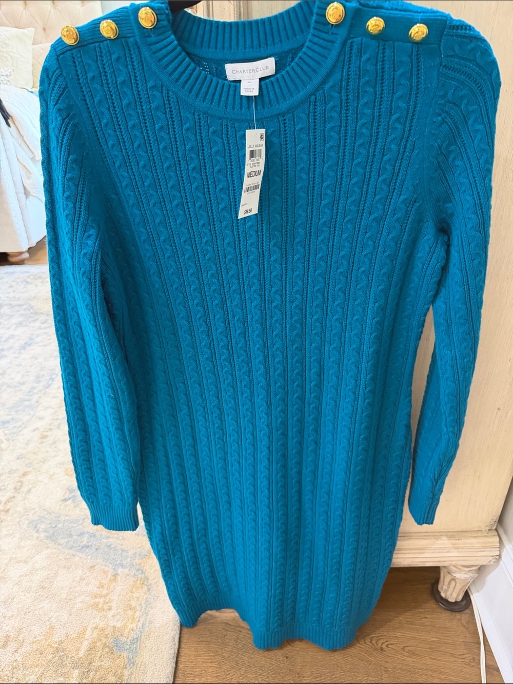 Charter Club Teal Cable-Knit Long Sleeve Sweater Dress with Gold Buttons
